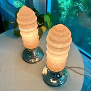 Vintage Art Deco Pink Torpedo Glass Lamps, Skyscraper Frosted Boudoir Lamp Set